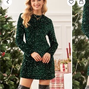 Green Sequin Embellished Long Sleeve Mini Dress
